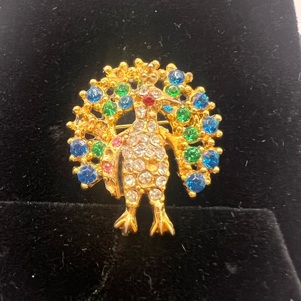 Vintage Cubic Zirconia Multicolored Peacock Brooch Gold Tone Holiday Jewelry
